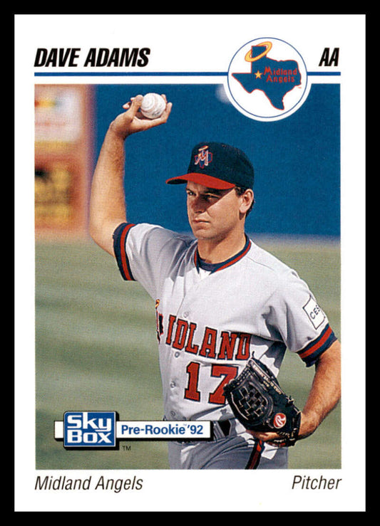 Baseball card of Dave Adams in Midland Angels white uniform with red trim