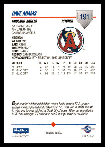 Baseball card of Dave Adams featuring Midland Angels logo and player stats