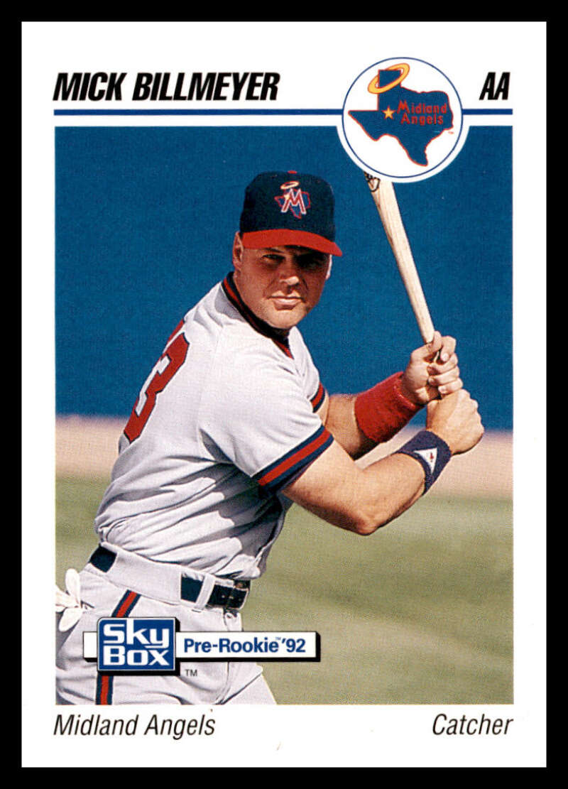 Baseball card of Mick Billmeyer in Midland Angels uniform with red accents