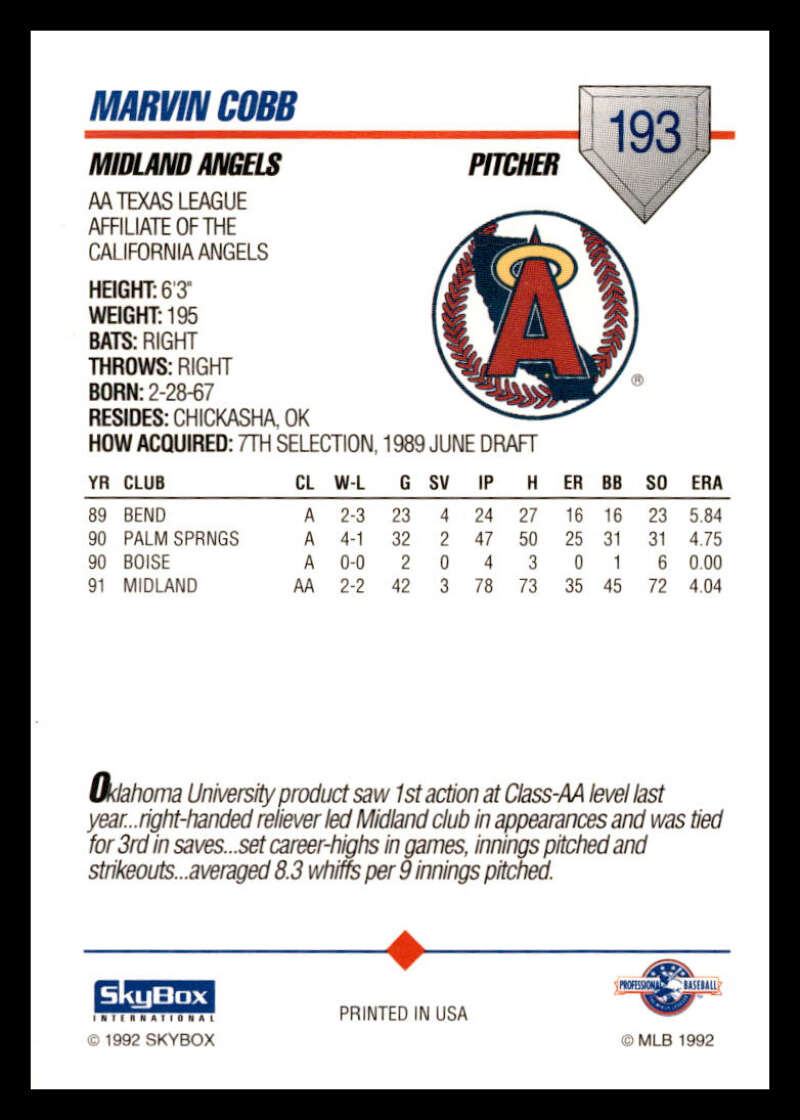 Baseball card of Marvin Cobb with Midland Angels stats and team logo