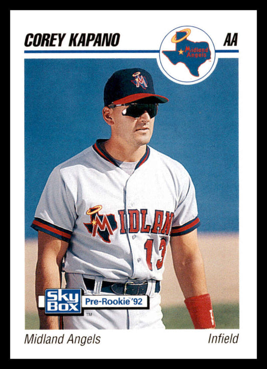 Baseball card of Corey Kapano from Midland Angels in white uniform with sunglasses