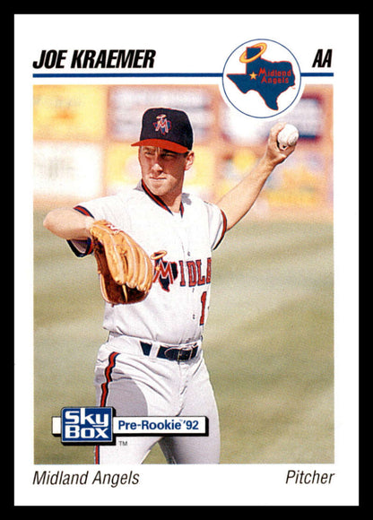 Baseball card of Joe Kraemer pitching for Midland Angels in white uniform