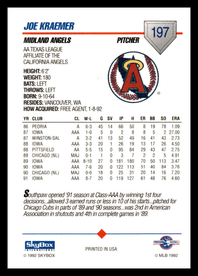 1992 baseball card of Joe Kraemer with Midland Angels stats and team logo