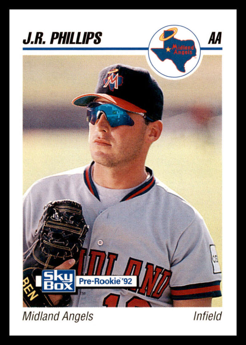 Baseball card of J.R. Phillips, Midland Angels infielder in sunglasses and cap