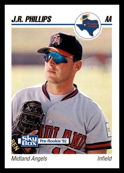 Baseball card of J.R. Phillips, Midland Angels infielder in sunglasses and cap