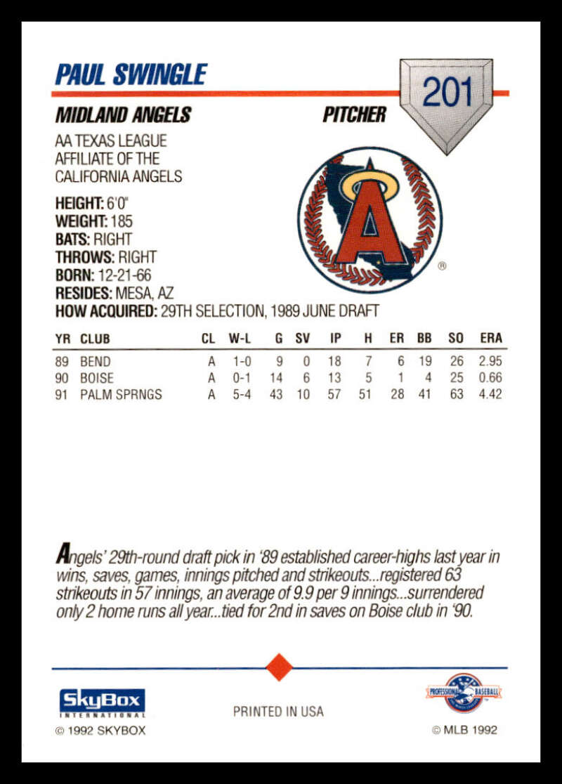 Baseball card of Paul Swingle featuring Midland Angels team logo and player stats