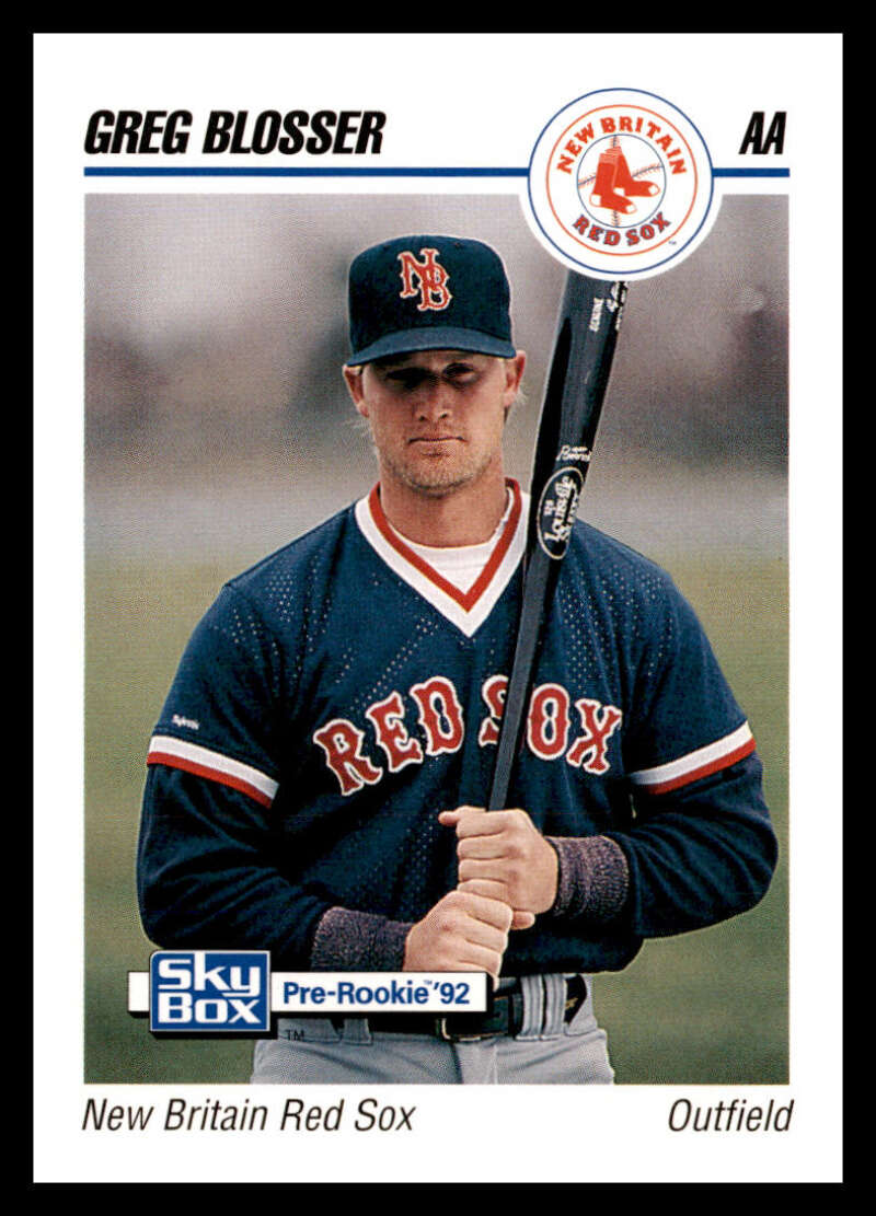 Baseball card of Greg Blosser in a New Britain Red Sox jacket with a bat