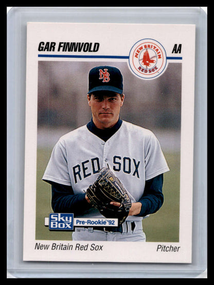 Baseball card of Gar Finnvold, pitcher for the Britain Red Sox in white uniform