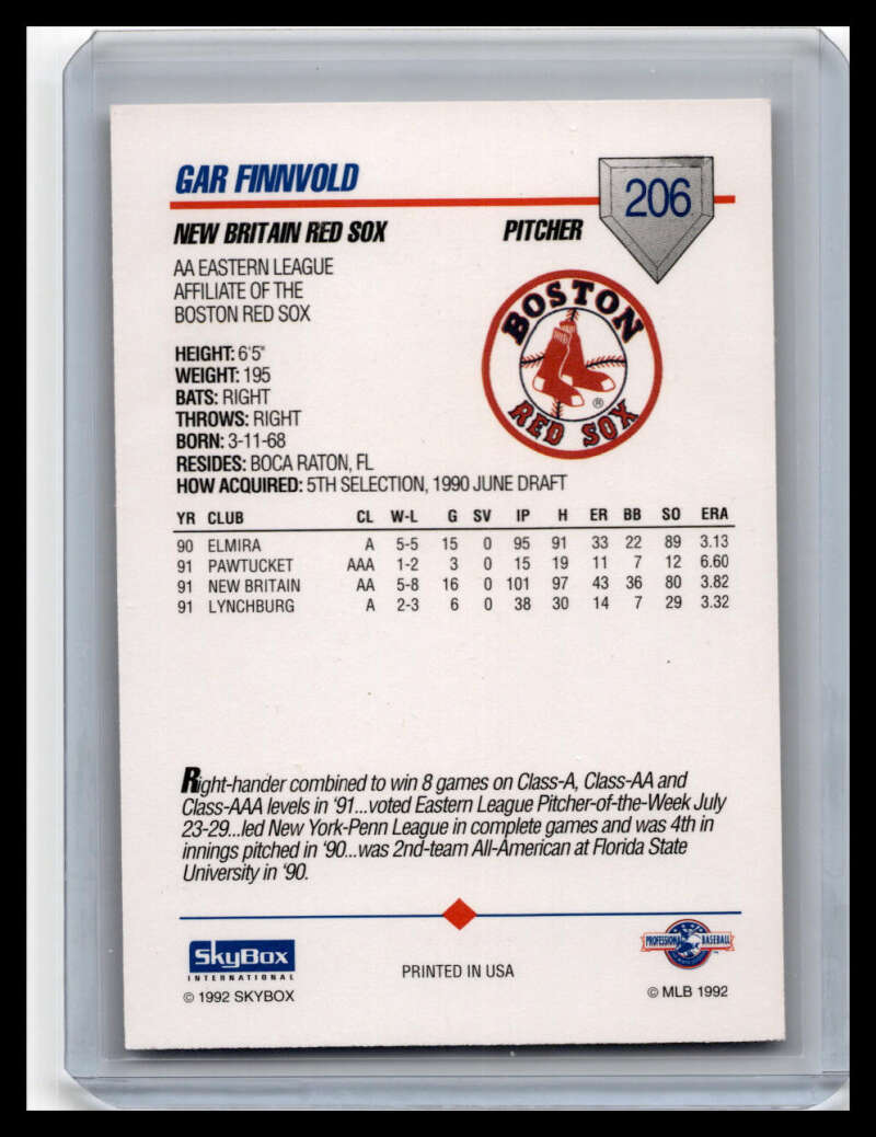 Baseball card featuring statistics for Gar Finnvold of the Britain Red Sox