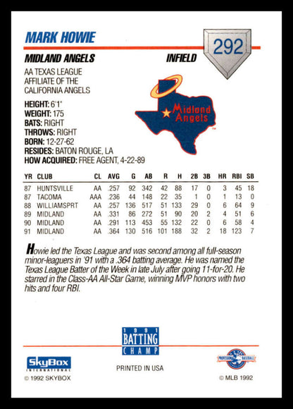 Mark Howie Midland Angels baseball card displaying statistics and biography information