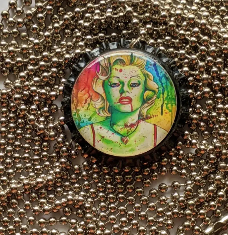 Zombie Marilyn Monroe style bottle-cap ball chain pendants