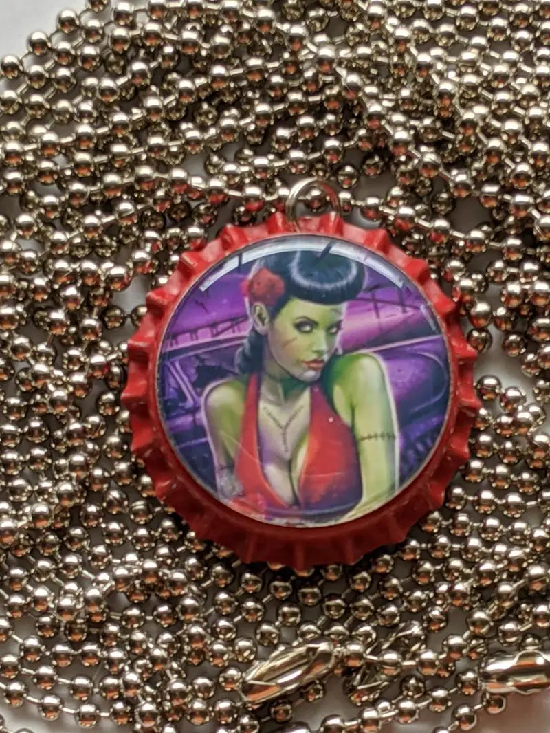  Zombie Pin-up girl Hot Rod style bottle-cap ball chain pendants