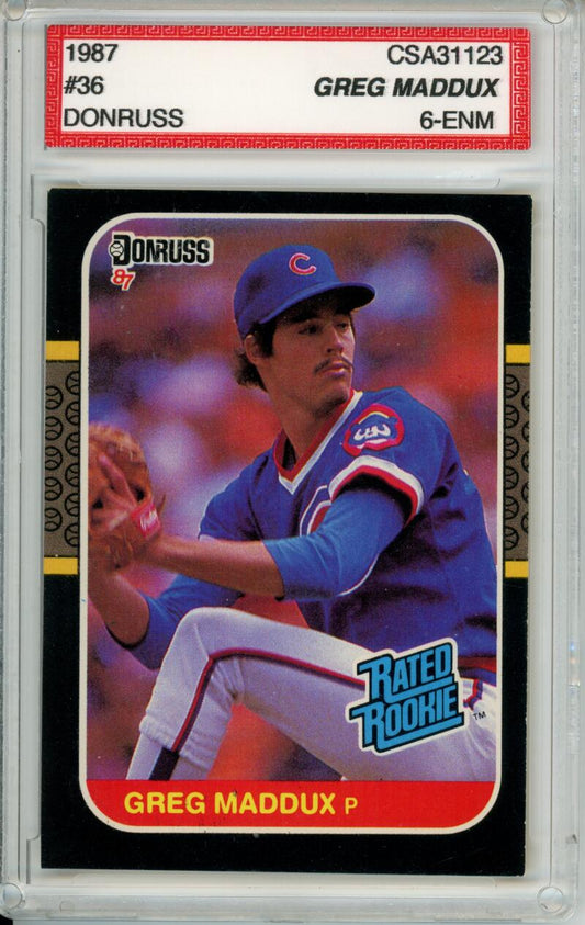 PSA-graded 1987 Donruss Greg Maddux Rookie Card, Chicago Cubs pitcher in blue uniform