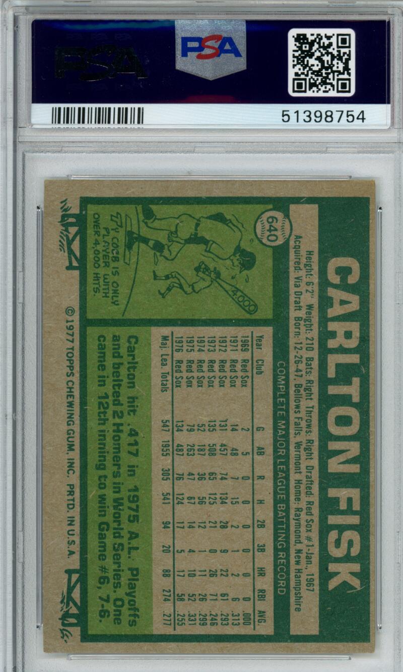 PSA-graded 1977 Topps #640 Carlton Fisk Boston Red Sox baseball card with green back