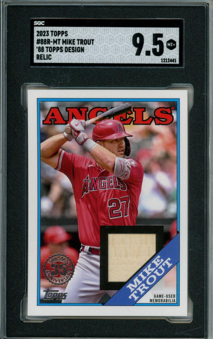 Graded baseball card featuring Mike Trout with a bat relic for Los Angeles Angels