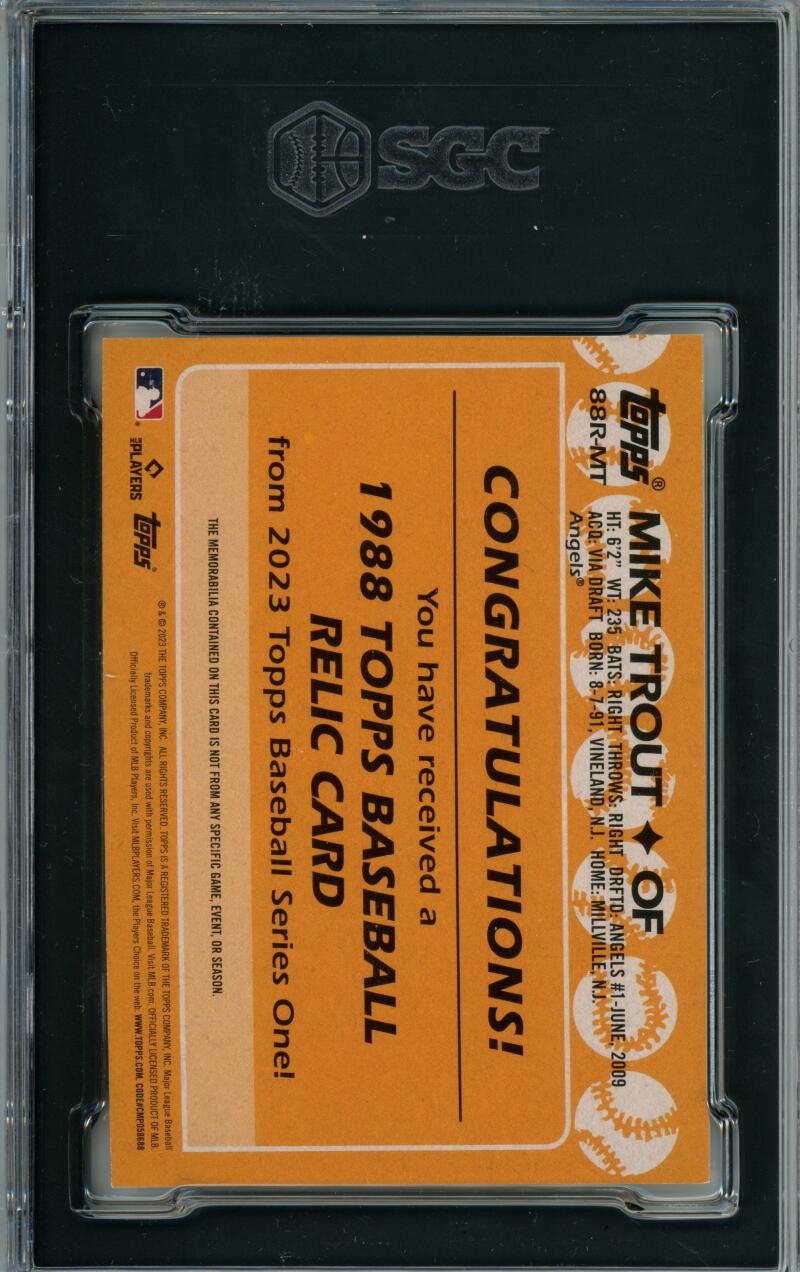 Orange baseball card of Mike Trout in SGC case, featuring 2023 Topps Baseball Relic