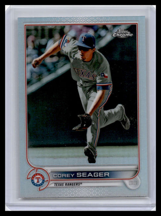 Baseball card of Corey Seager pitching for the Texas Rangers in mid-delivery motion