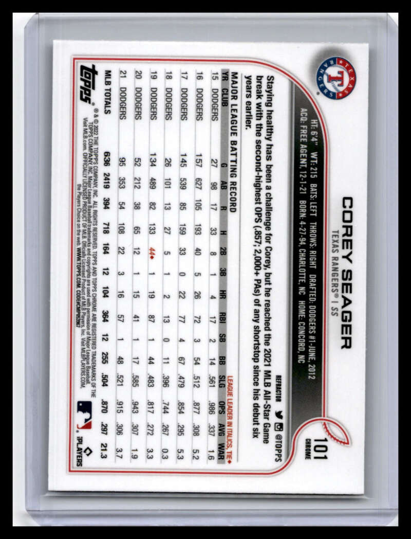 Back of 2022 Topps Chrome #101 Corey Seager card with Texas Rangers statistics and info