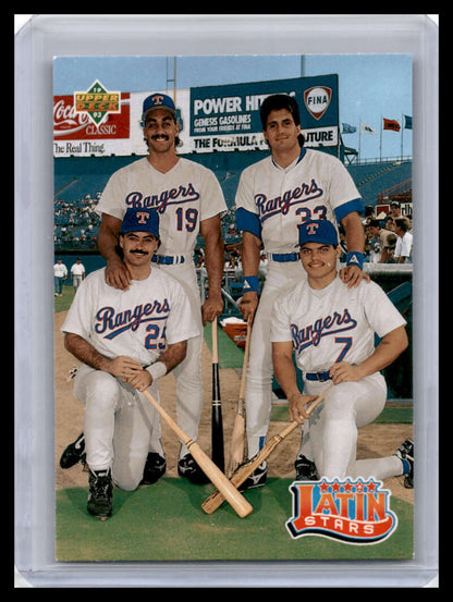 Texas Rangers 1993 Upper Deck baseball card with Gonzalez, Canseco, Palmeiro, Rodriguez