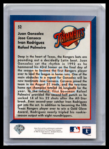 Baseball card featuring Texas Rangers players from the 1993 Upper Deck series