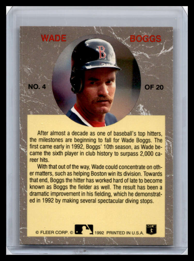 Baseball card of Wade Boggs, Boston Red Sox player with cap and mustache