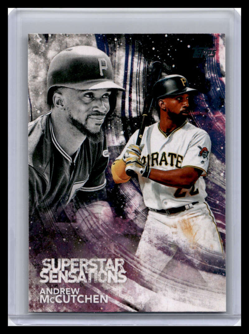 Baseball card of Andrew McCutchen showcasing Pittsburgh Pirates action and portrait styles