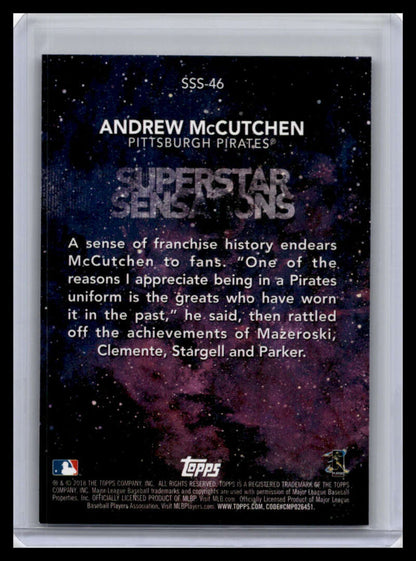 Back of 2018 Topps Andrew McCutchen Baseball Card highlighting Pittsburgh Pirates history