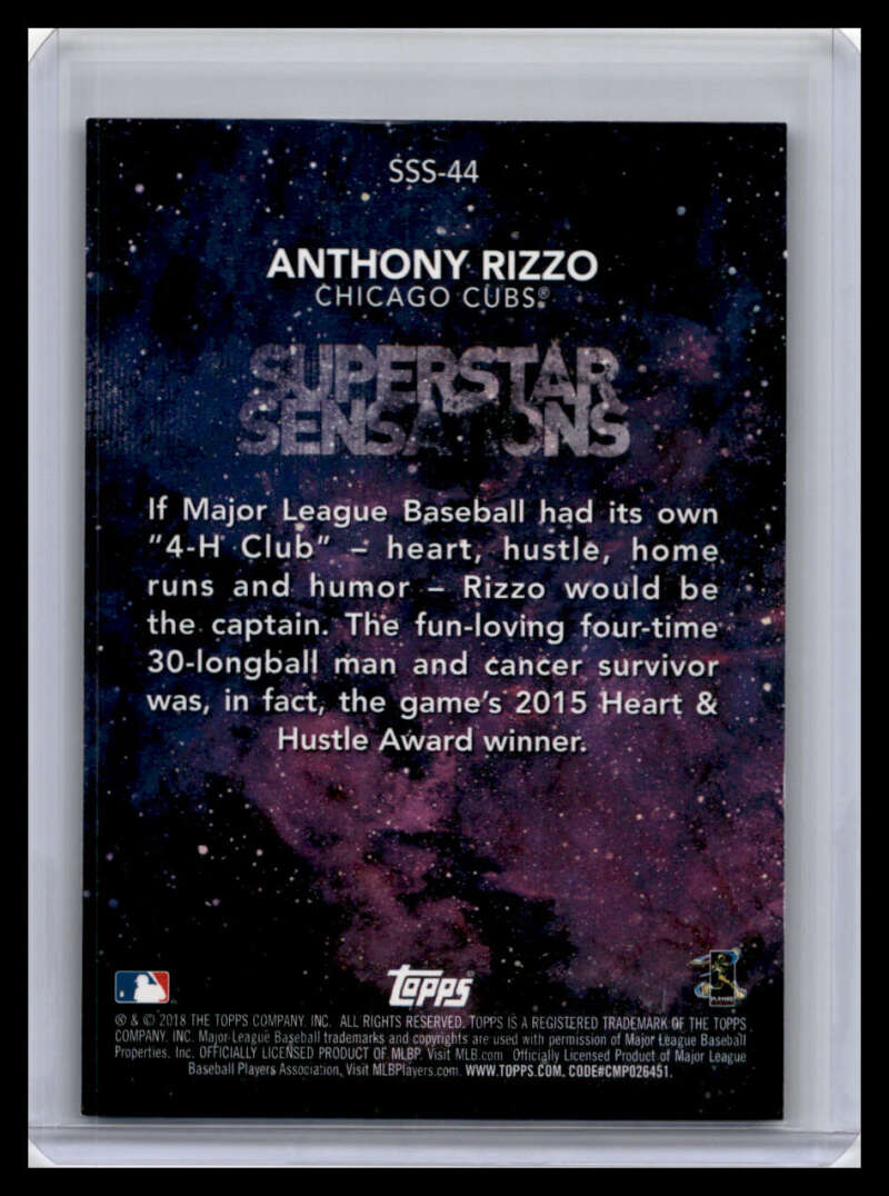 Back of 2018 Topps Anthony Rizzo Chicago Cubs Baseball Card detailing player stats