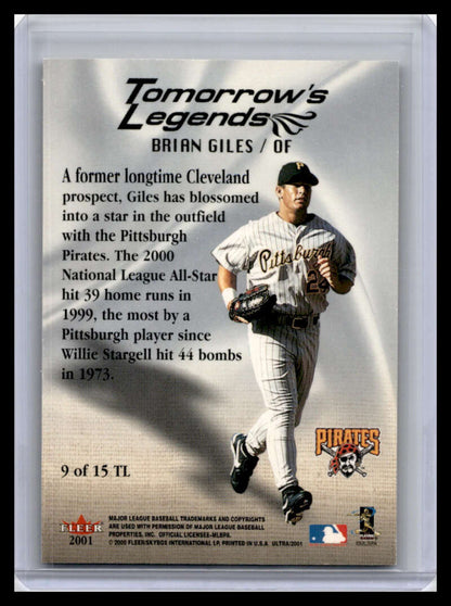 Baseball card of Brian Giles in white uniform for Pittsburgh Pirates 2001 Ultra