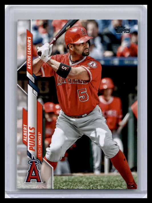 Baseball card of Albert Pujols in red uniform for Los Angeles Angels at bat