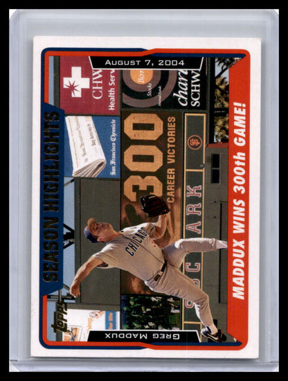 Baseball card of Greg Maddux in mid-delivery for Chicago Cubs uniform