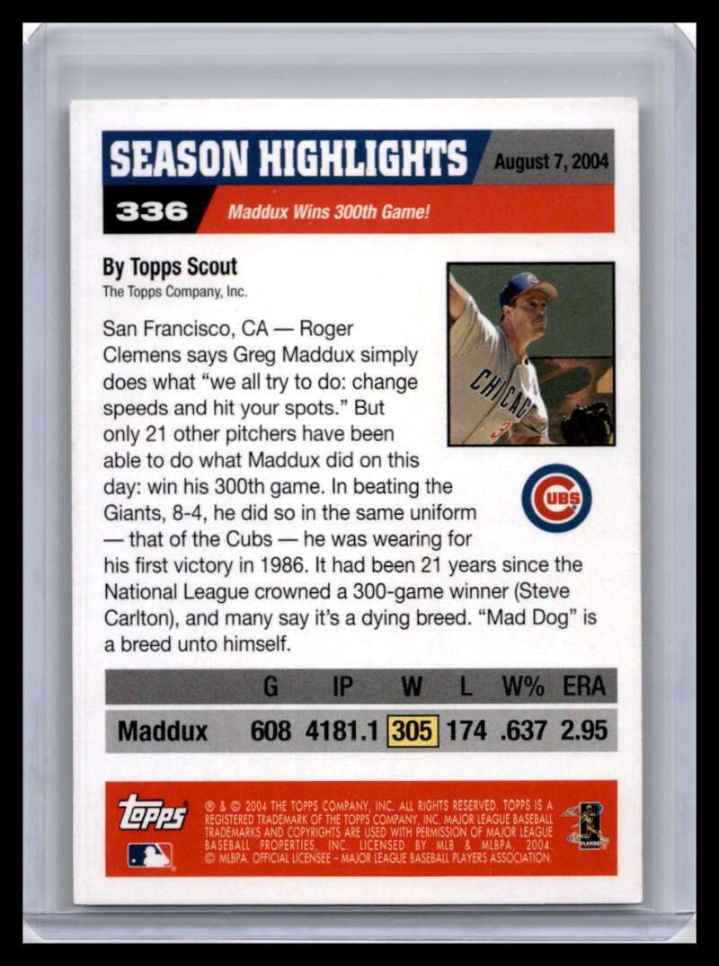 2005 Topps #336 Greg Maddux Baseball Card commemorating Chicago Cubs star’s 300th win