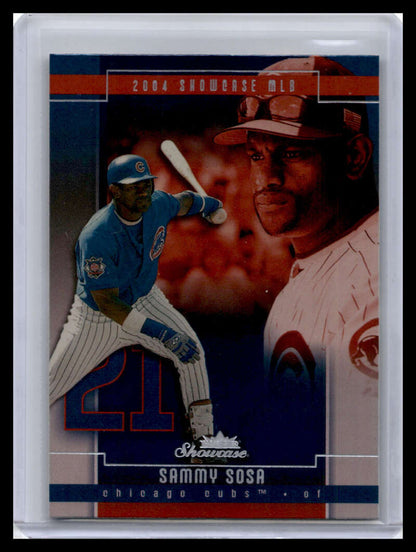 Baseball card of Sammy Sosa in batting stance for Chicago Cubs, Fleer Showcase design