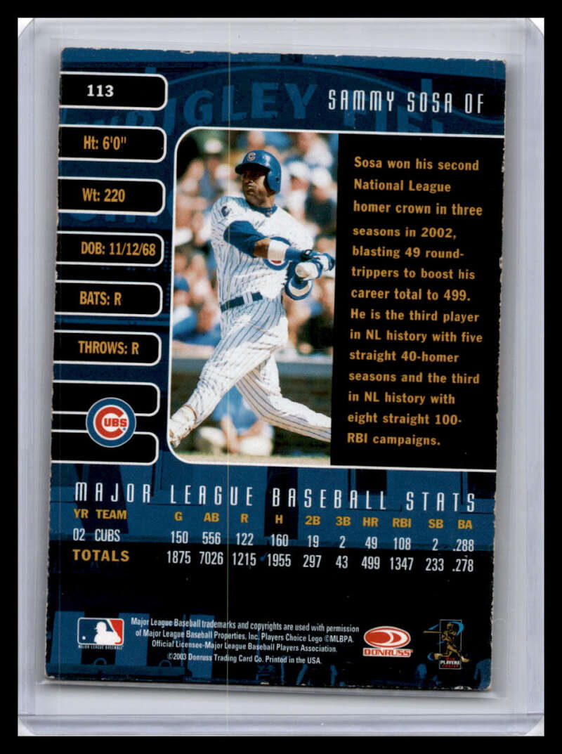 Sammy Sosa in batting stance on 2003 Donruss Studio Chicago Cubs baseball card