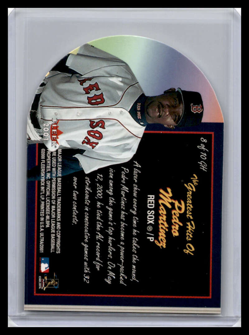 Baseball card of Pedro Martinez in a white home jersey for Boston Red Sox fans