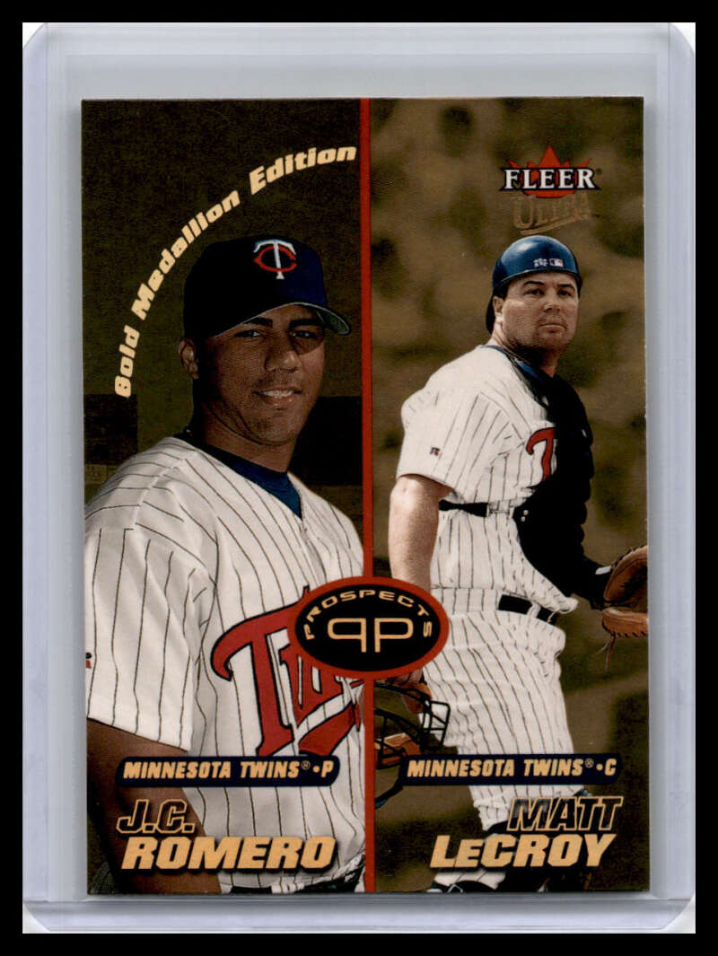 Baseball card of Minnesota Twins players J.C. Romero and Matt LeCroy in pinstripes