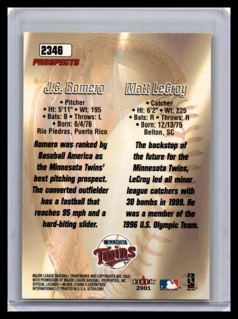 Baseball card featuring J.C. Romero and Matt LeCroy of the Minnesota Twins statistics