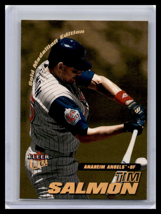 Tim Salmon swinging bat on 2001 Ultra baseball card for Anaheim Angels