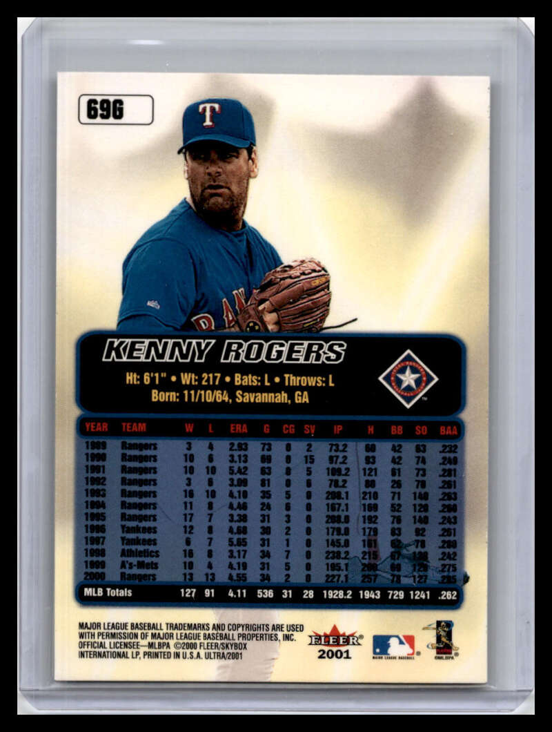 Kenny Rogers Texas Rangers Baseball Card in blue uniform and cap, 2001 Ultra #69G