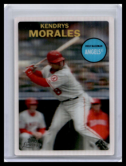 Baseball card of Kendrys Morales in batting stance for Los Angeles Angels Topps Lineage