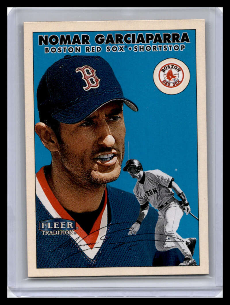 Baseball card of Nomar Garciaparra in Red Sox gear with navy cap and B logo