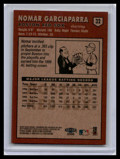 Nomar Garciaparra Red Sox statistics featured on a 2000 Fleer Tradition baseball card