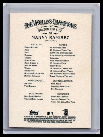 Baseball card back displaying statistics for Manny Ramirez, Boston Red Sox player