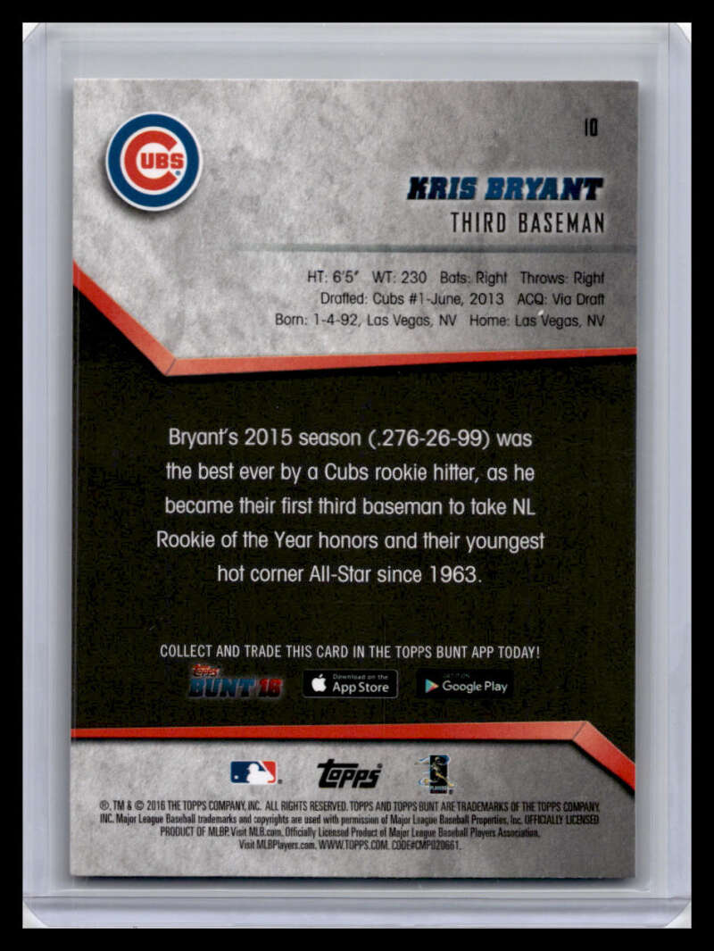 Back of 2016 Topps Bunt Kris Bryant baseball card showcasing Chicago Cubs stats