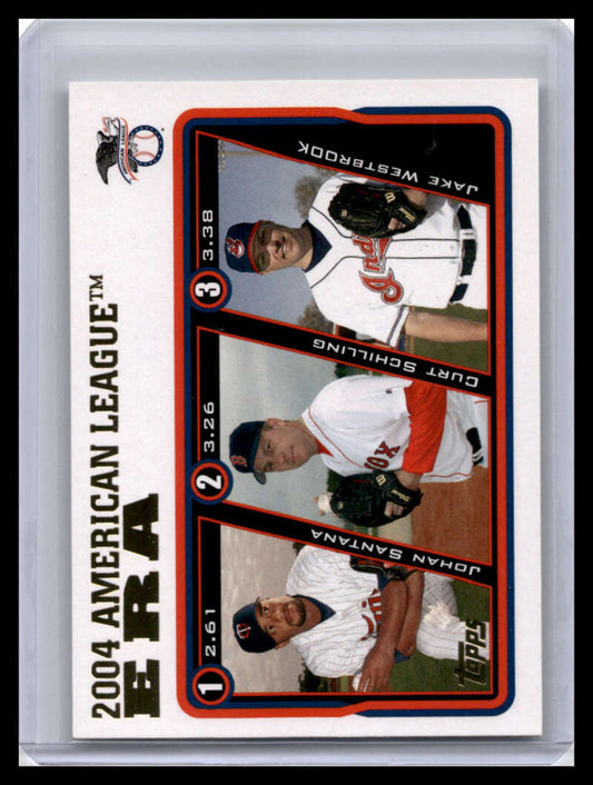 Baseball card featuring Santana, Schilling, and Westbrook in Red Sox uniforms