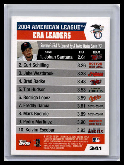 Baseball card featuring 2004 American League ERA Leaders Santana Schilling Westbrook Red Sox