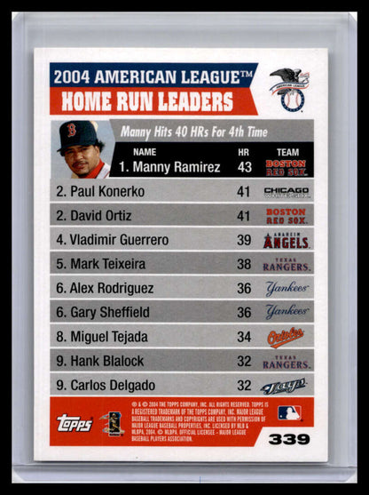 2005 Topps Baseball Card featuring 2004 American League home run leaders Red Sox White Sox