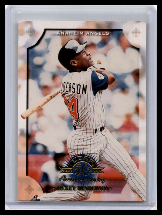 Rickey Henderson swinging bat in Anaheim Angels white pinstriped uniform baseball card