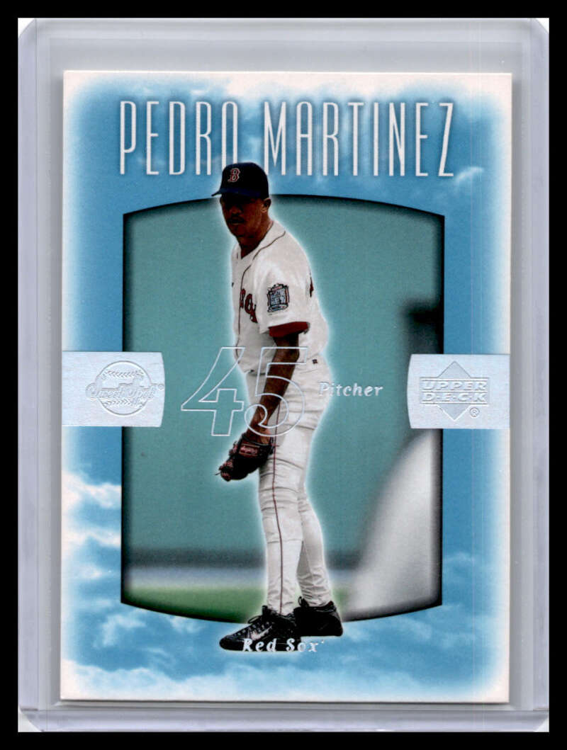 Baseball trading card of Pedro Martinez in a white uniform for Boston Red Sox