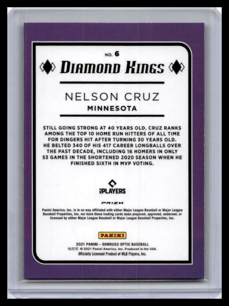 Baseball card of Nelson Cruz from the Minnesota Twins 2021 Donruss Optic Diamond Kings set